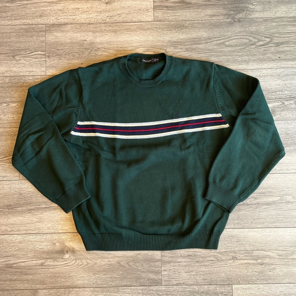 Nautica Men’s Crewneck Pullover Sweater Green Navy Red Vintage 90s Style XXL